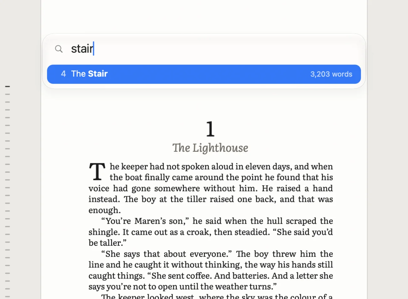 Quick Jump over the page, finding the chapter The Stair.