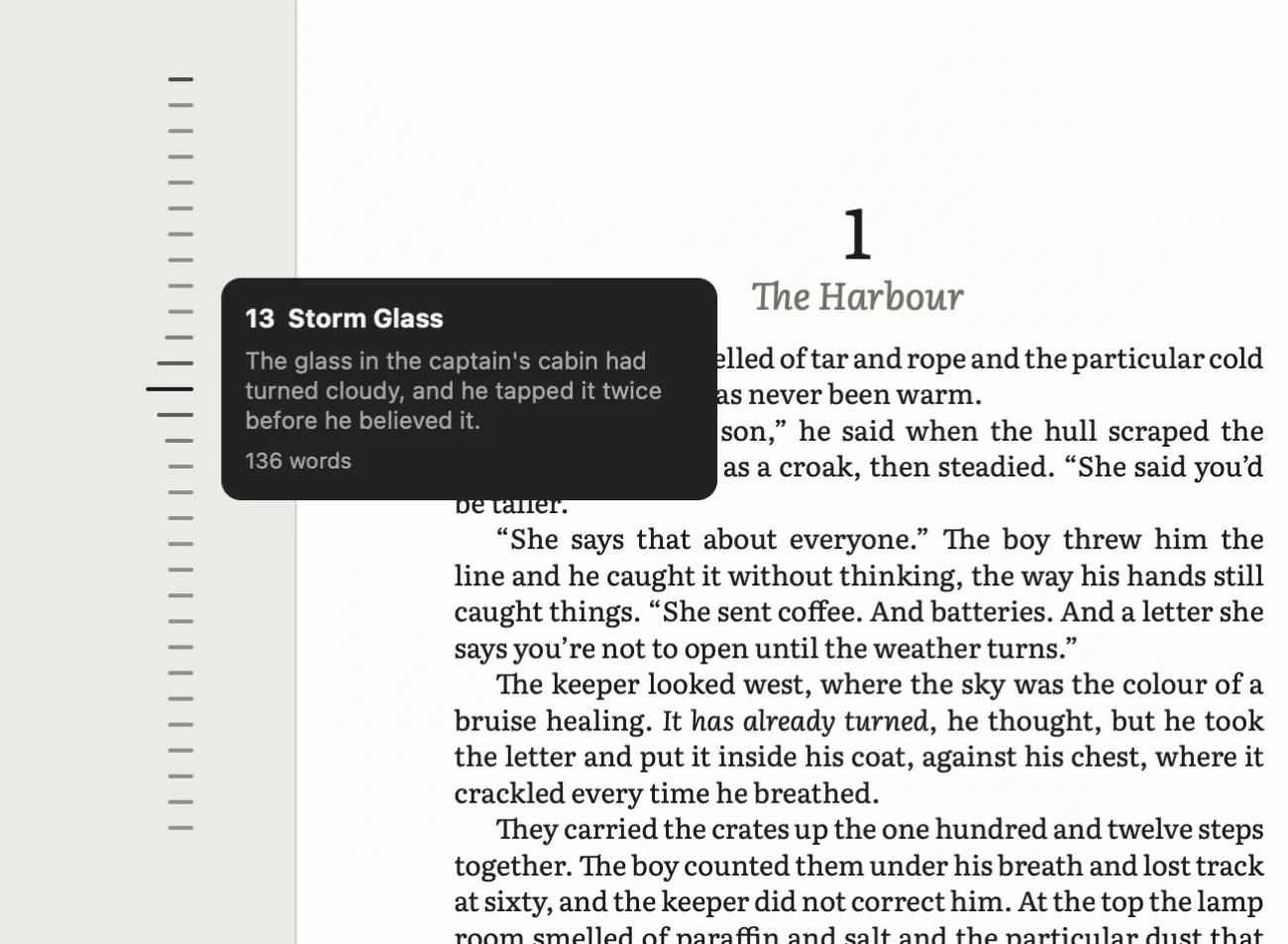 The chapter rail beside the page, showing the card for chapter 13, Storm Glass: its first line and word count.