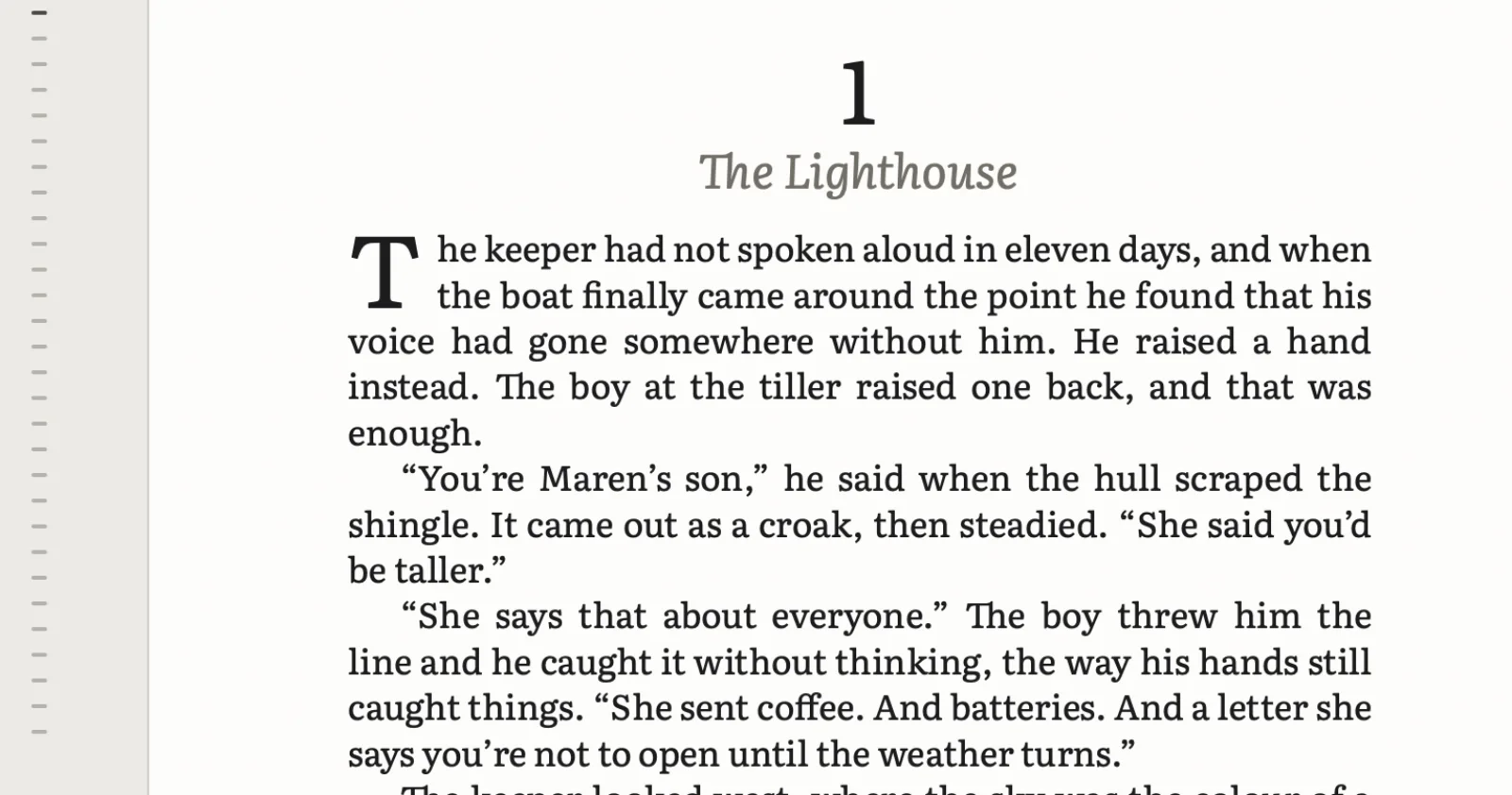 A close-up of a chapter opening in Novel: the chapter number, its title in italics, a drop cap, curly quotation marks and justified lines.
