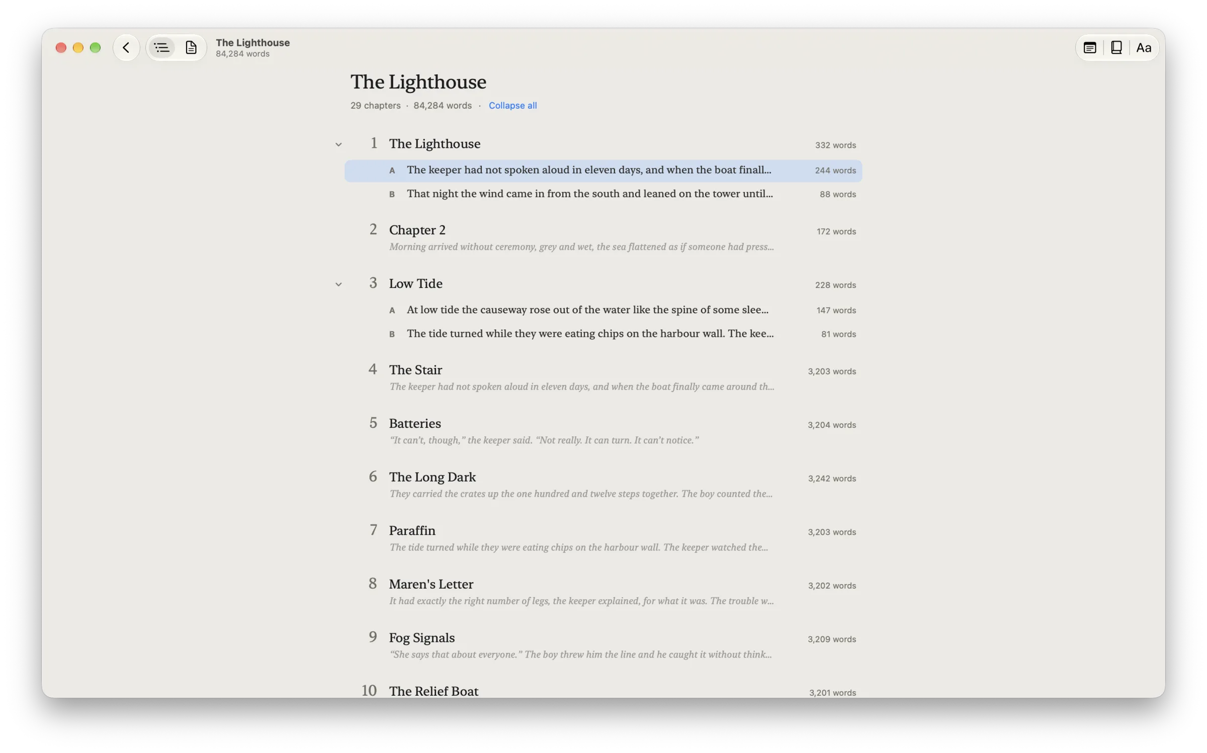 The outline: every chapter and scene of The Lighthouse, with first lines and word counts.