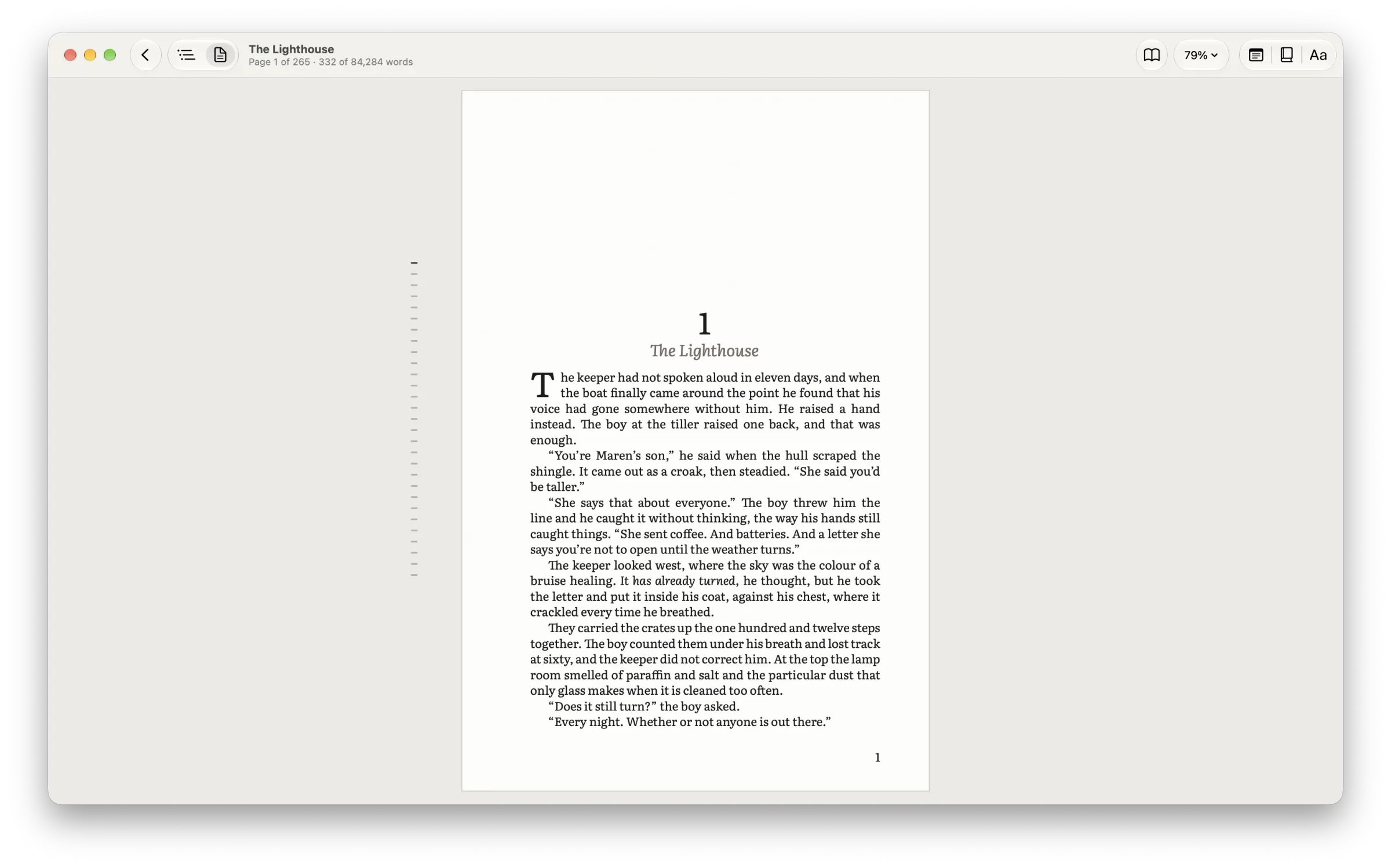 The page: chapter one of The Lighthouse, typeset, with the chapter rail beside it.